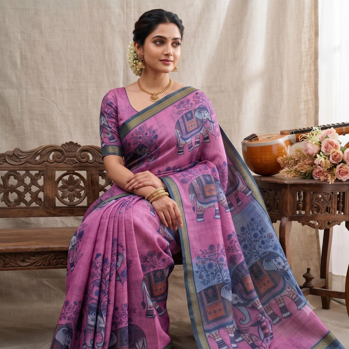 Soft Cotton Linen Saree With Elephant Print