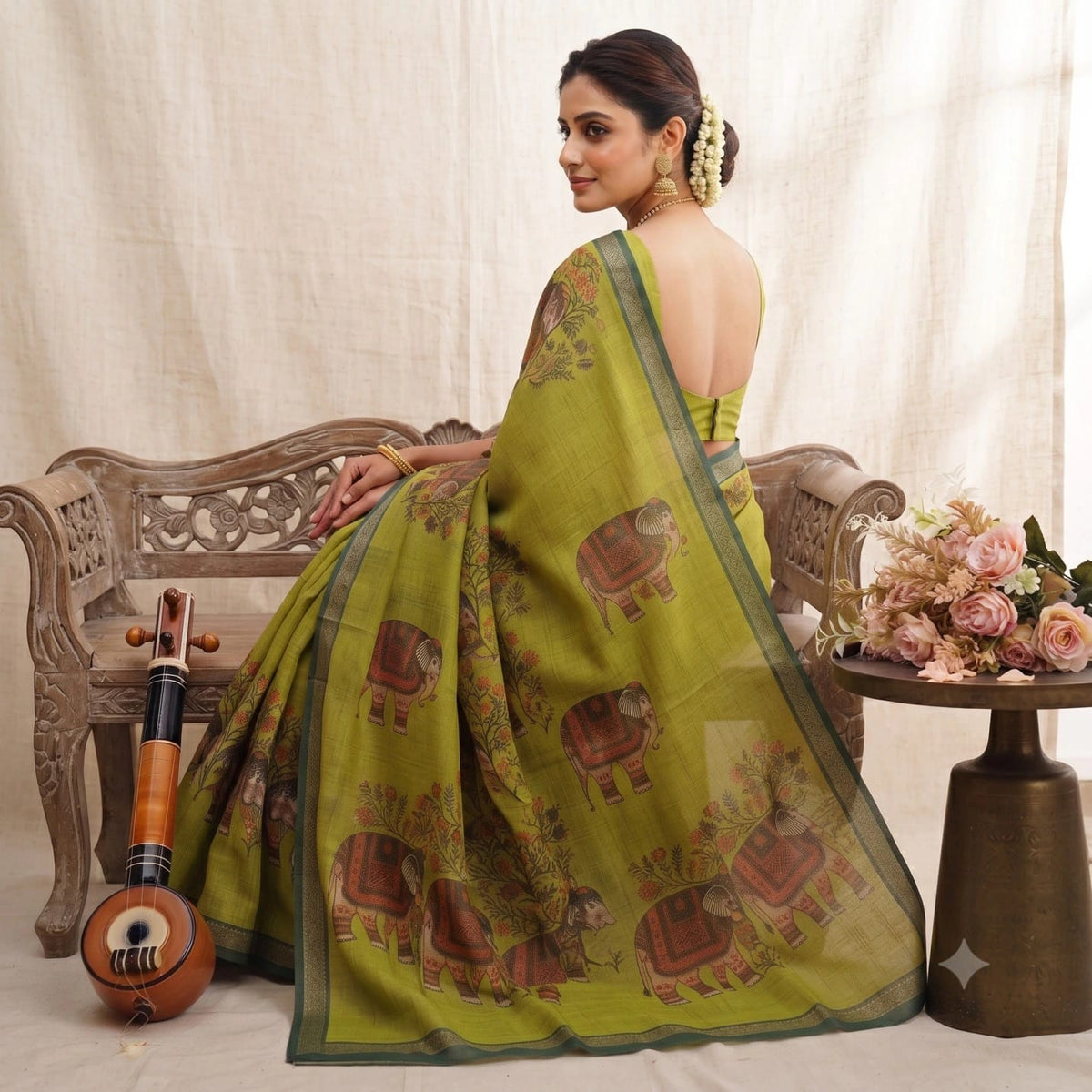 Soft Cotton Linen Saree With Elephant Print