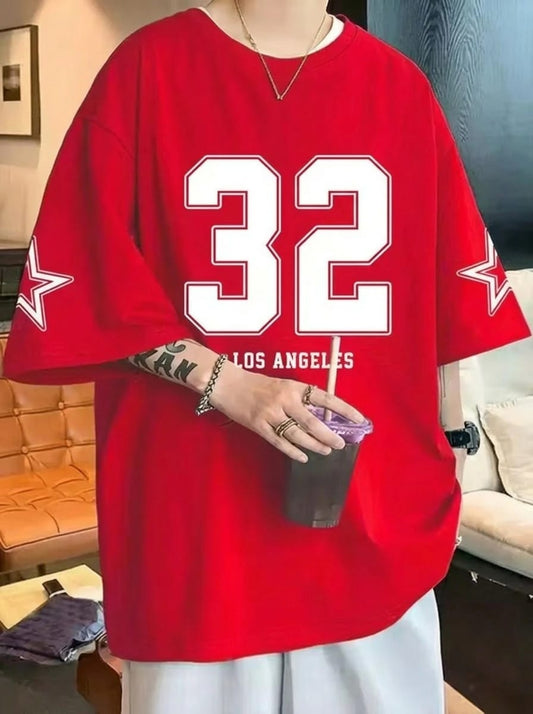 Oversized Number 32 Los Angeles Printed Cotton Drop Shoulder T-Shirt
