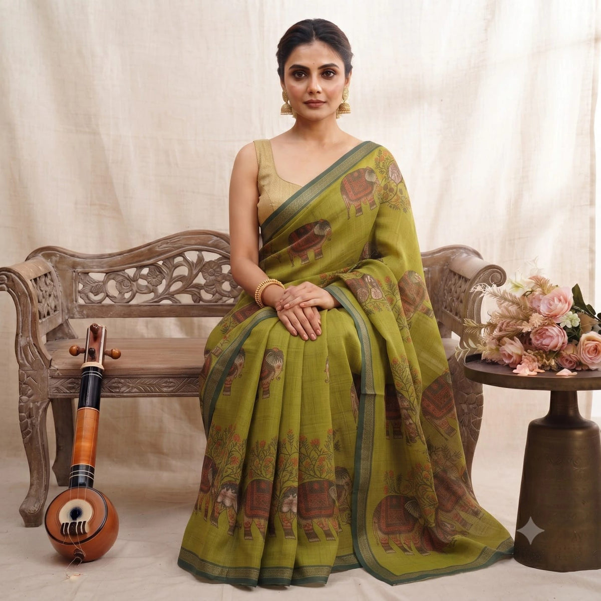 Soft Cotton Linen Saree With Elephant Print