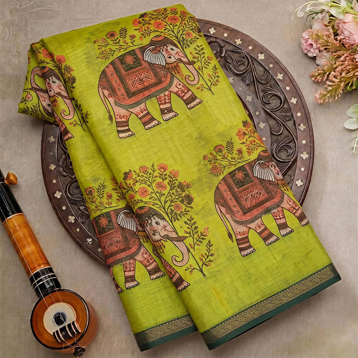 Soft Cotton Linen Saree With Elephant Print