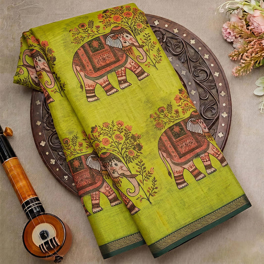 Soft Cotton Linen Saree With Elephant Print