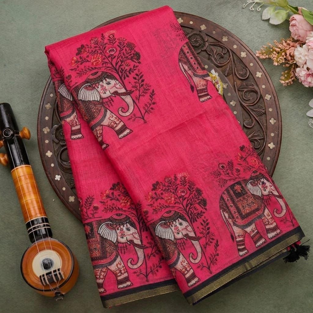 Soft Cotton Linen Saree With Elephant Print
