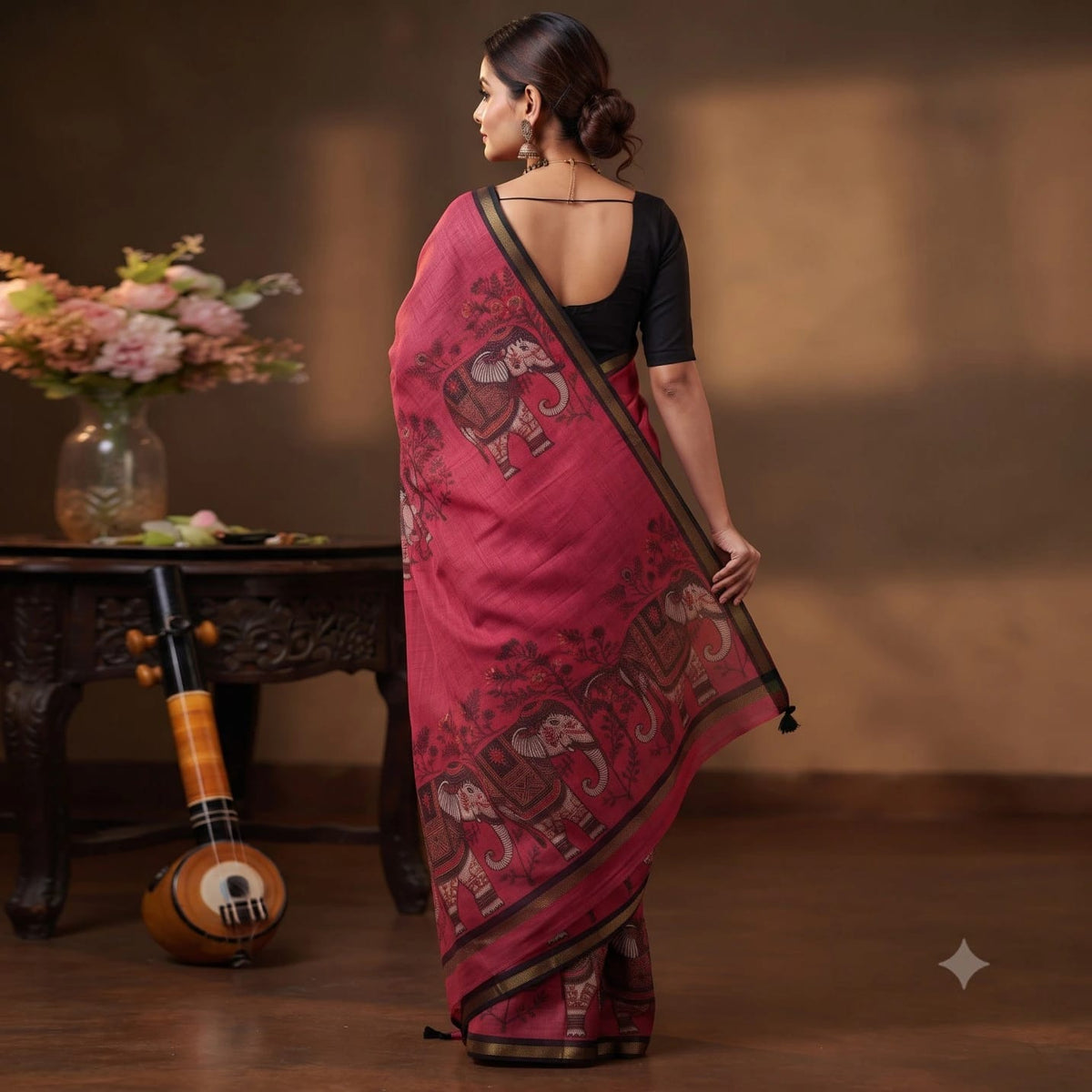 Soft Cotton Linen Saree With Elephant Print