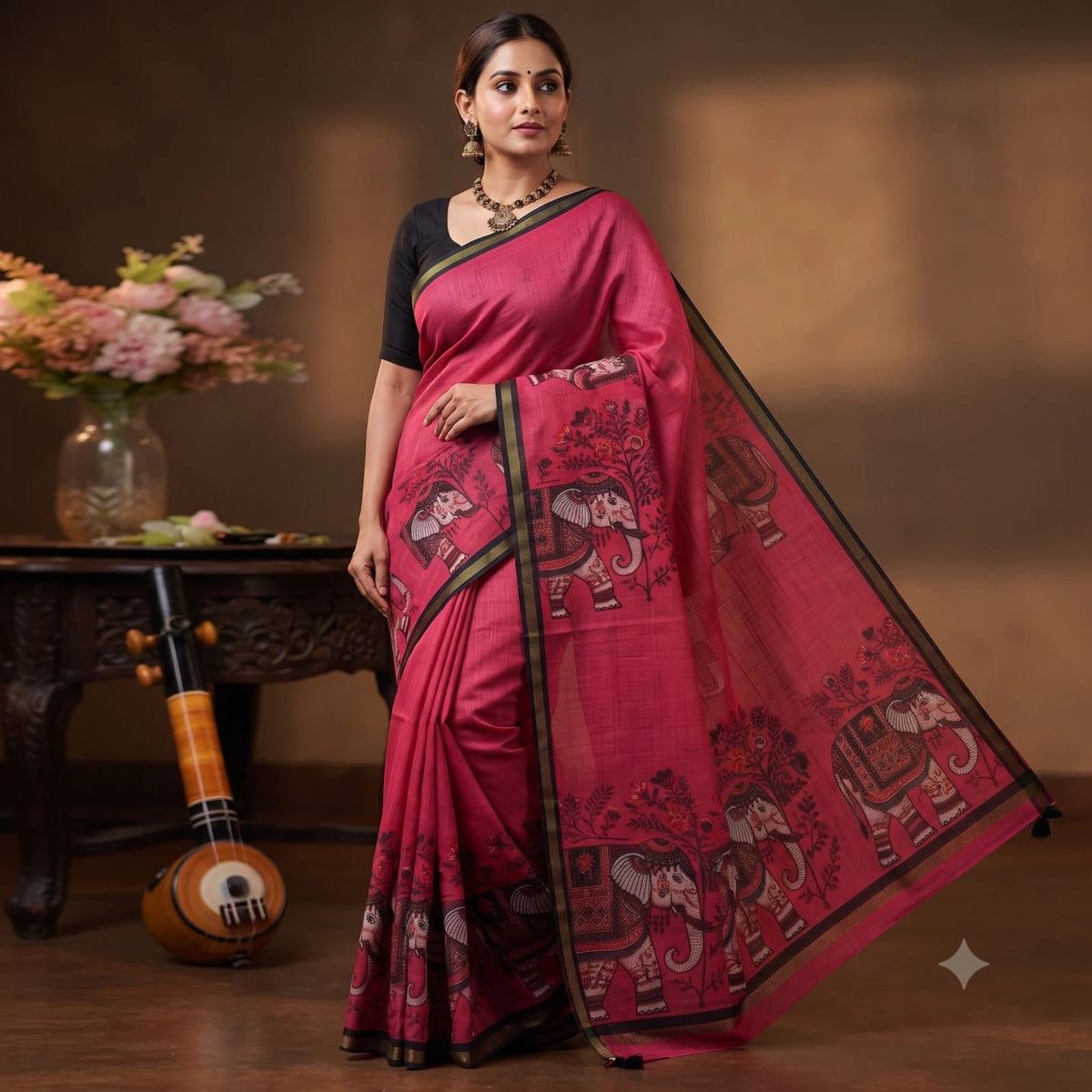 Soft Cotton Linen Saree With Elephant Print