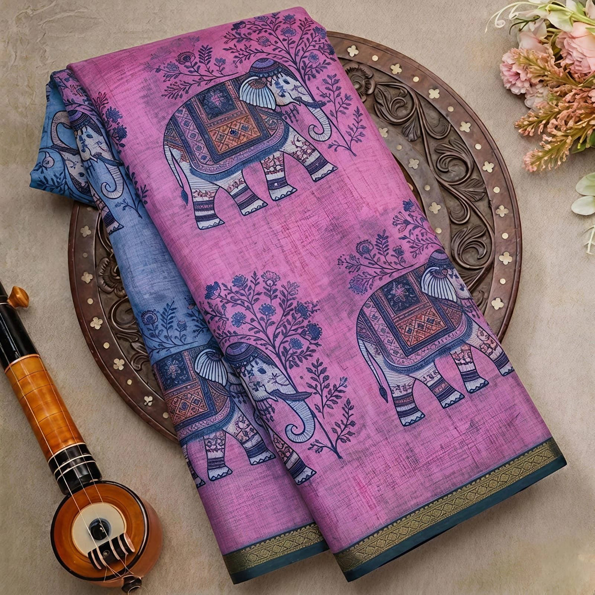 Soft Cotton Linen Saree With Elephant Print