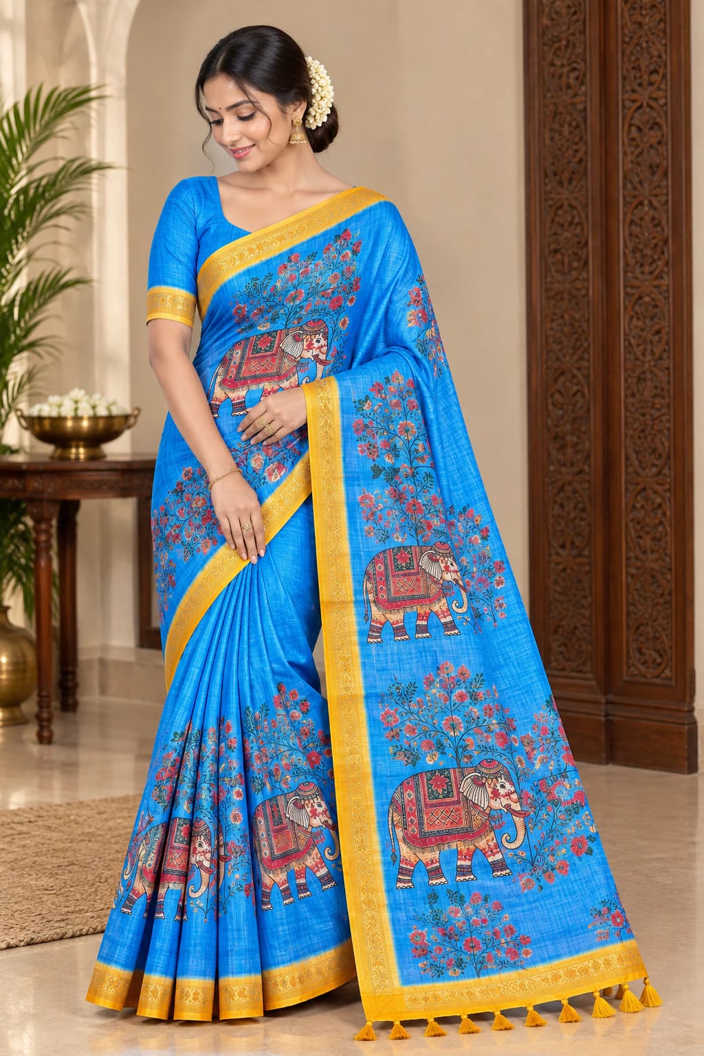 Soft Cotton Linen Saree With Elephant Print