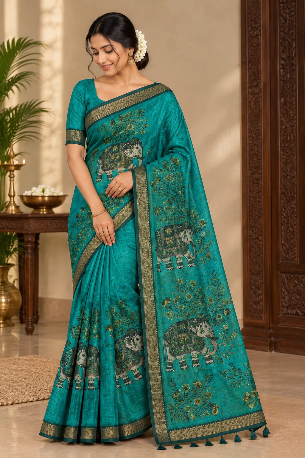 Soft Cotton Linen Saree With Elephant Print