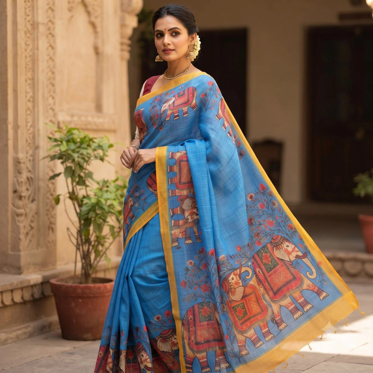 Soft Cotton Linen Saree With Elephant Print