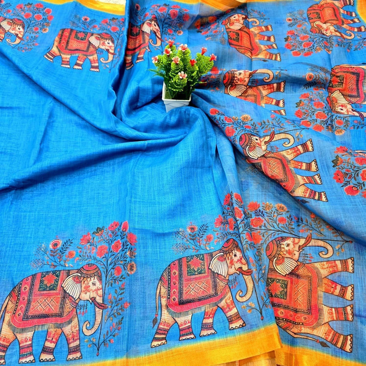 Soft Cotton Linen Saree With Elephant Print
