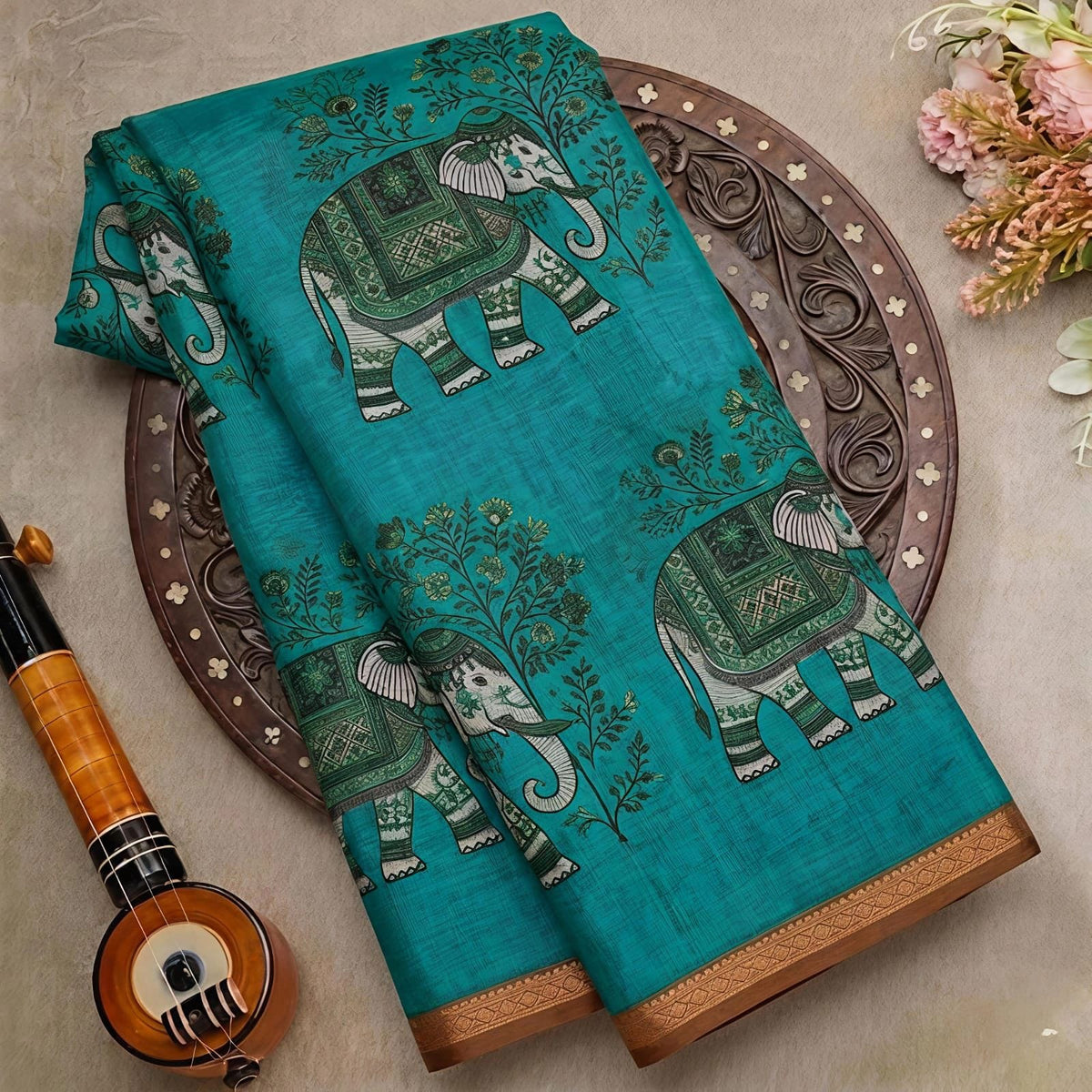 Soft Cotton Linen Saree With Elephant Print
