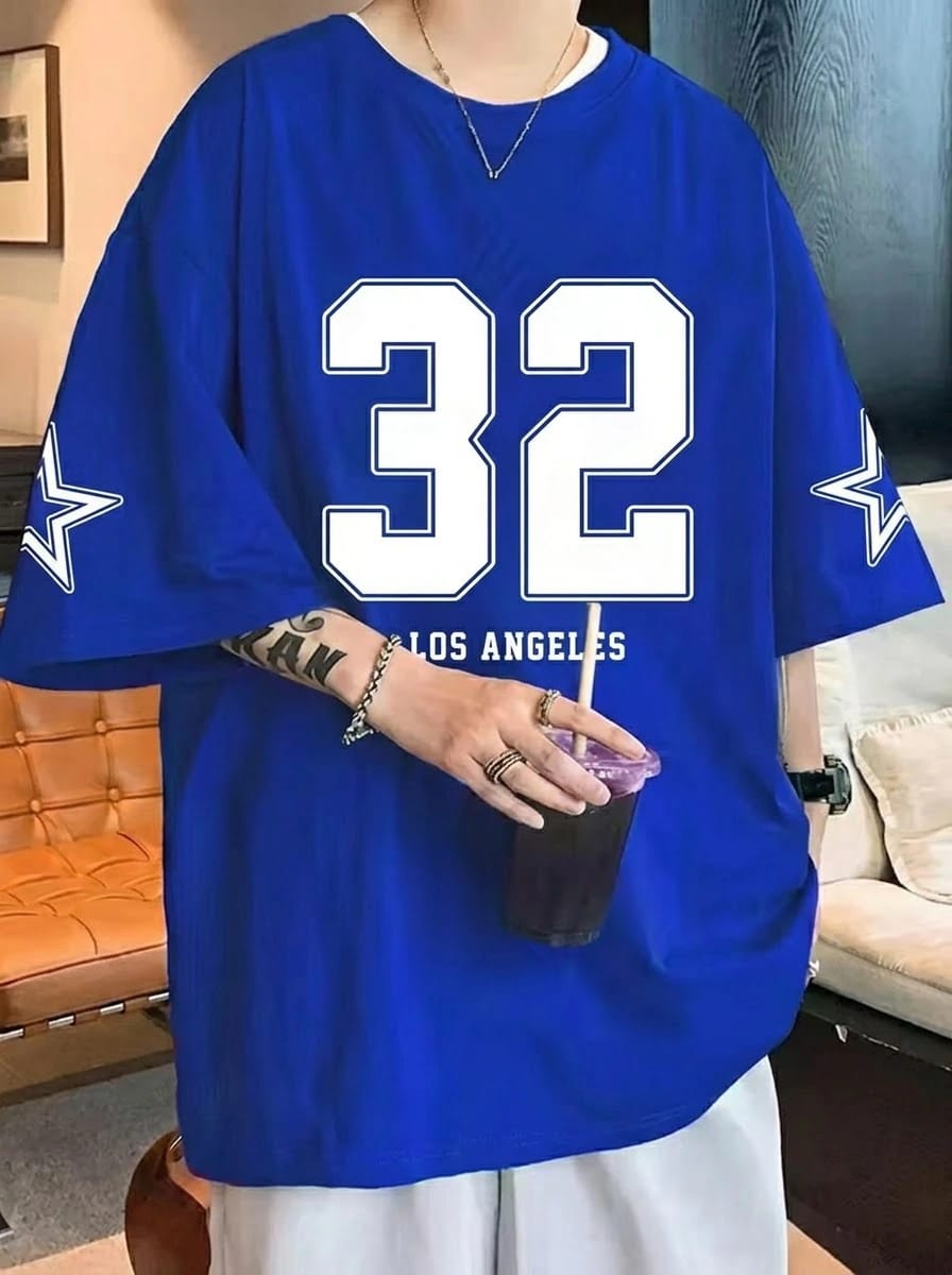 Oversized Number 32 Los Angeles Printed Cotton Drop Shoulder T-Shirt