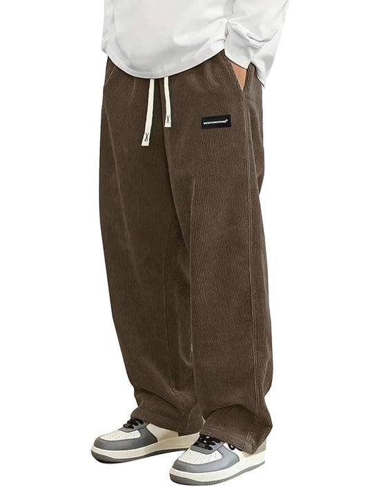 Mens Corduroy Casual Pants Fashion Loose Fit Wide Leg Pants Straight Sweatpants Elastic Waist Drawstring